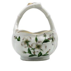 Vintage Lefton Porcelain Trinket Basket Hand Painted Dogwood Flowers Gilt Japan